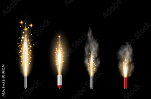 Fireworks, fountain of sparks with smoke. Vector realistic column of fire. Festivity and holiday celebration, sparkling effect for party or festive event. Shining element of New Year and Christmas