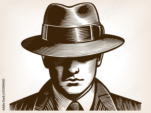 man wearing wide-brimmed fedora and trench coat, his eyes hidden to create mysterious and noir-inspired atmosphere sketch engraving generative ai fictional character vector illustration. Scratch board