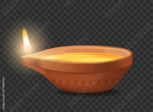 Diya, isolated realistic oil lamp made of clay and decorated with floral motive. Vector terracotta lantern filled with oil or ghee. Symbol of hindu festival of light. Gift and home decor during Diwali