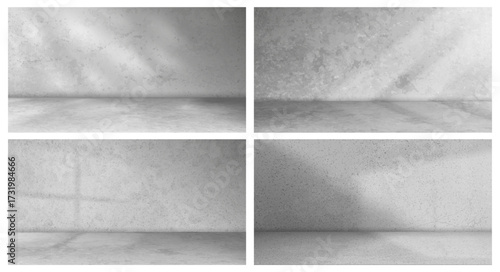 Concrete wall set with lighting and industrial panel textures. Vector studio backdrop collection layouts or photography. Stage or podium for displaying products for advertising or presentation