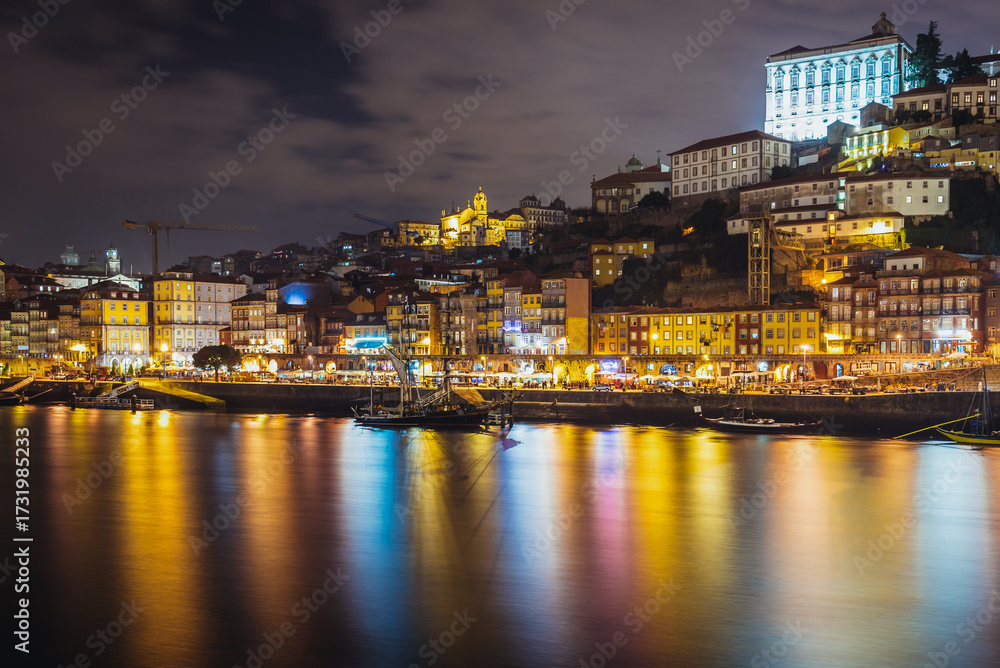 Fototapeta premium View from Vila Nova de Gaia city on Porto riverfront and Douro River, Portugal