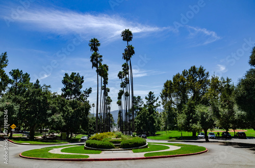 Glendale California access road to the library building with a round flowerbed