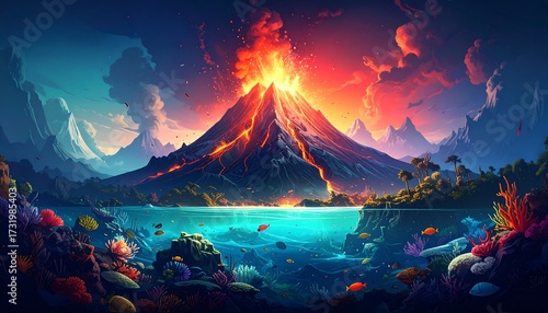 Fototapeta Naklejka Na Ścianę i Meble -  Volcanic eruption, vibrant coral reef, tropical island