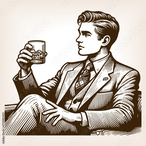 man in a suit reclining at a desk with a glass of whiskey in hand sketch engraving generative ai fictional character vector illustration. Scratch board imitation. Black and white image.