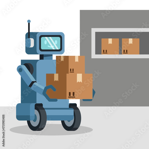 Illustration of a robot carrying boxes in a warehouse setting.