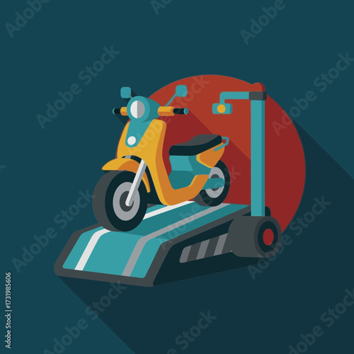 Cartoon scooter on a treadmill against a red circle and blue background.