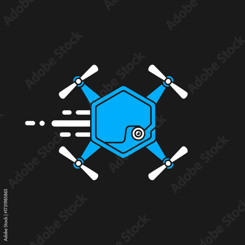 Illustration of a blue drone with white propellers on a black background.