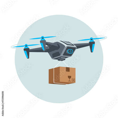 Drone delivering a package, hovering in the air, with a light blue background.