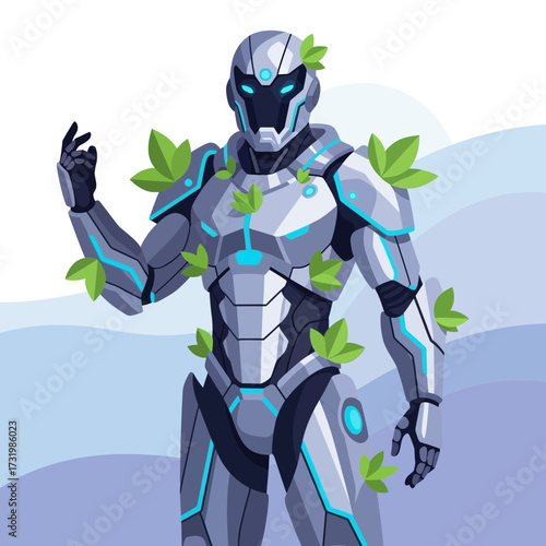 Futuristic robot with green leaves, symbolizing technology and nature integration.