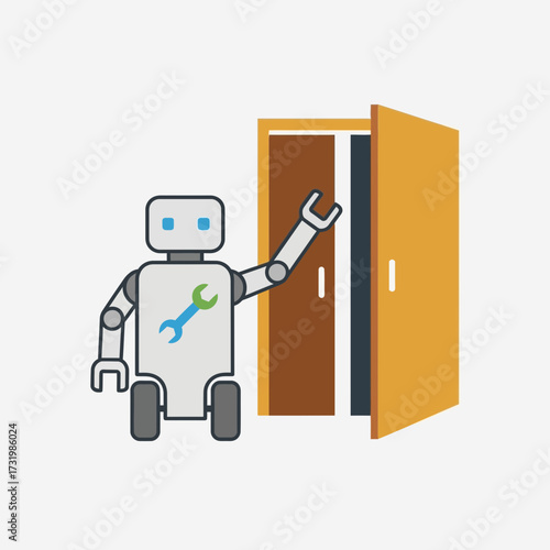 Robot fixing a door, vector illustration, maintenance and repair concept.