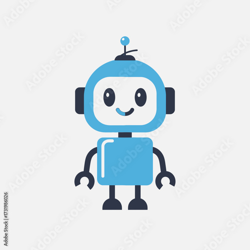 Illustration of a cute blue cartoon robot with a smiling face on a white background.