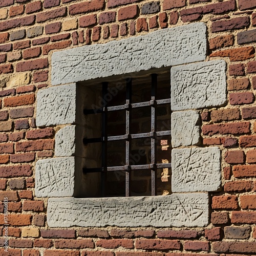 Ancient Stone Window in Brick Wall.