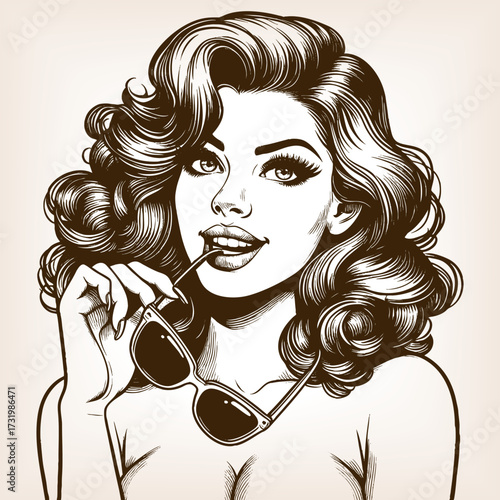 fashionable woman with curled hair playfully biting sunglasses, exuding charm and attitude sketch engraving generative ai fictional character vector illustration. Scratch board. Black and white image.