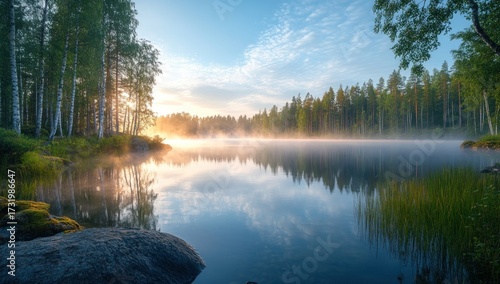 Serene misty lake scene with vibrant trees and reflecting water at sunrise