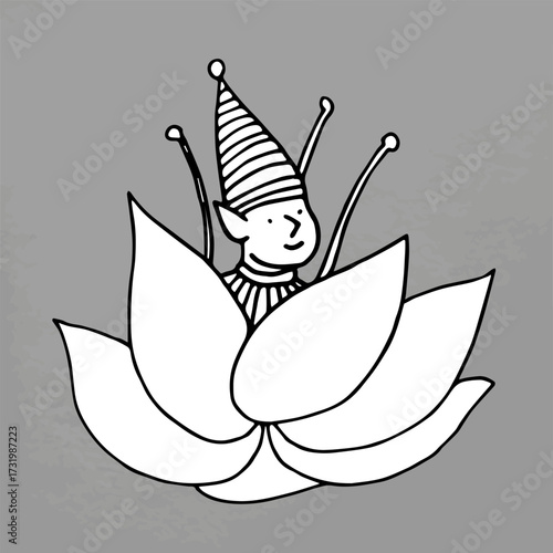 Bild auf Leinwand Minimalist elf sketch with sharp petals, black and white line art