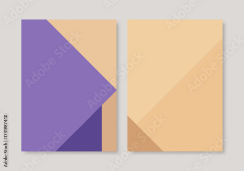 Vector covers with overlapping purple and beige diagonal geometric shapes, minimal abstract background design.