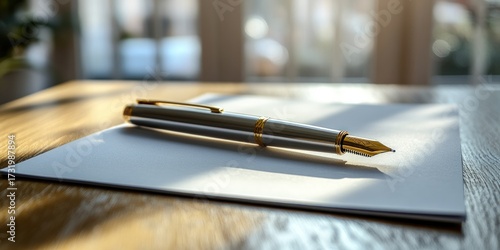 Fountain pen on a white paper sheet, on a wooden surface, sunlight from blurred background