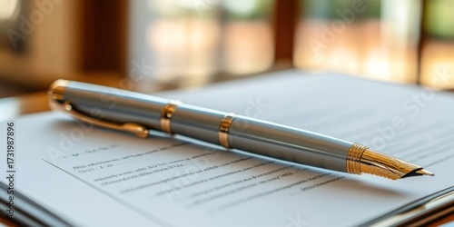 A silver and gold fountain pen rests atop a document, ready for signature. Soft focus