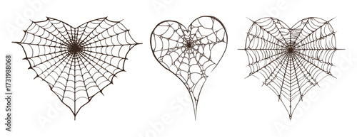 Vector set of heart shaped spider webs, gothic romantic design elements for Halloween, dark love concept, creepy valentines decoration and spooky tattoo inspiration