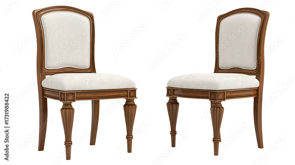 Fototapeta premium Elegant classic wooden upholstered dining chairs, luxurious furniture set for sophisticated interior home decor. Richly carved frames offer timeless beauty and comfort