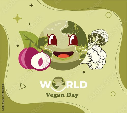 Celebrating World Vegan Day with joyful vegetables and a smiling Earth character