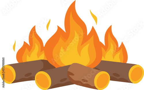 A lively campfire with flickering flames, providing warmth and light for a group of campers enjoying the outdoors.