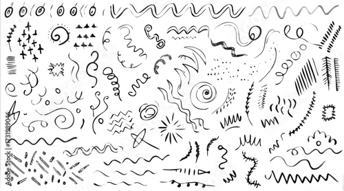 Collection of hand drawn ink doodles and sketches including swirls waves and geometric shapes on white
