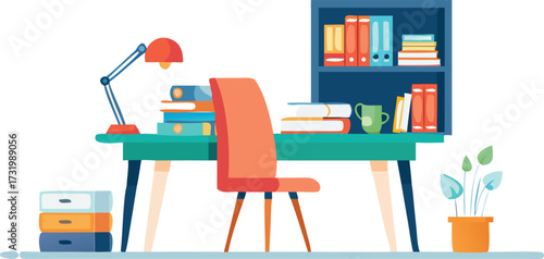 An office setup showcasing a desk, a chair, a lamp, and a bookshelf, creating a functional and inviting environment.