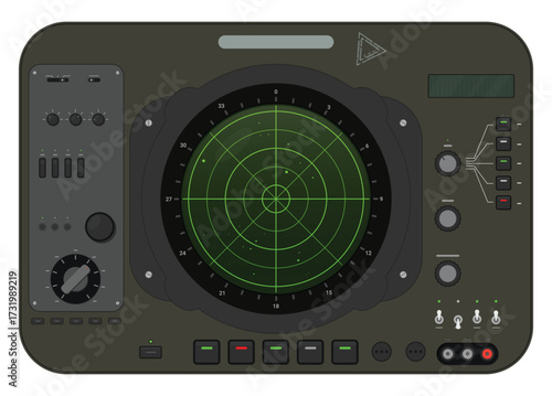 Military green color radar user interface with buttons and knobs. Military realistic radar retro equipment. Control panel of military monitoring system and green device screen.
