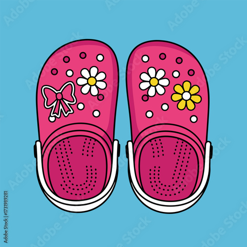 Charming vector illustration of pink foam clogs decorated with cute flower and bow charms 