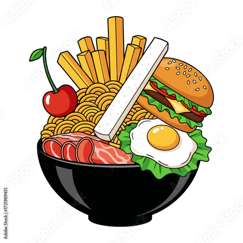 Whimsical Fast Food Combination in a Ramen Bowl with Burger and Fries Vector Illustration