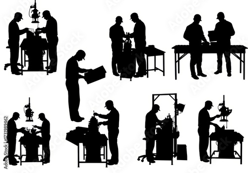 Silhouetted figures engaged in various tasks, suggesting a workshop or production line environment