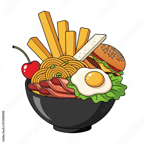 Cartoon illustration of a maximalist fusion food bowl with ramen noodles, a burger, and fries
