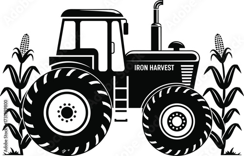 Black silhouette of a tractor with corn stalks and the text Iron Harvest Keywords: tractor, farm