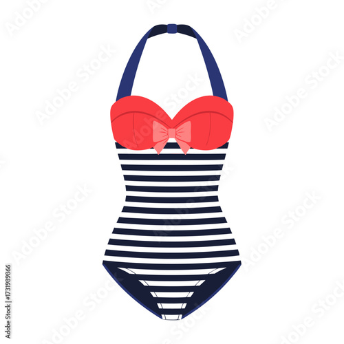 Stylish striped one-piece swimsuit with red top and bow, perfect for summer beach holidays and resort wear