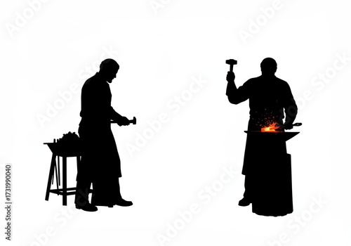 Silhouetted Blacksmiths at Work Crafting Metal with Hammer and Anvil