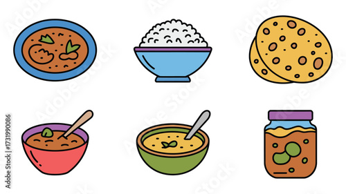 Vector Illustration of various vegetarian dishes including soup, rice, and bread, , showcasing diverse culinary options and flavors