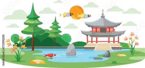 Vector illustration of a serene Japanese garden featuring a pond and a traditional pagoda.