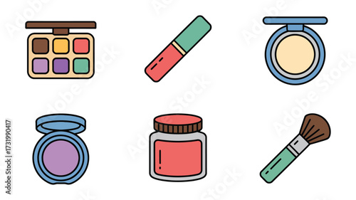 Vector art of cosmetic icons set of eyeshadow palette, lipstick, powder, blush, cream jar, and makeup brush