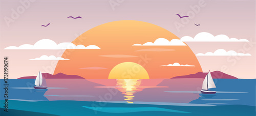A vibrant sunset over the sea, featuring sailboats gliding on the water and birds flying in the colorful sky.