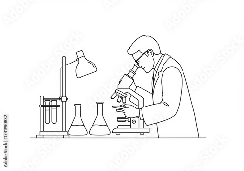 Scientific Observation A Researcher's Detailed Examination Under the Microscope in a Lab Setting