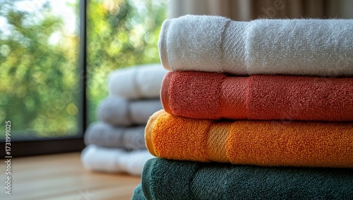 Stacked colorful towels on a wooden surface, window with green foliage backdrop, soft lighting