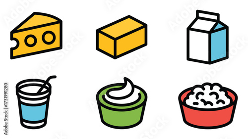 Vector art of dairy products icon set includes cheese, butter, milk, yogurt, cream, and cottage cheese in a simple style