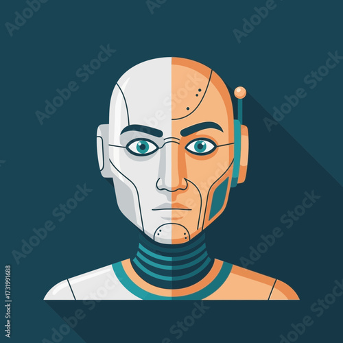Illustration of a robot's face, half white and half orange, with a dark blue background and long shadow.