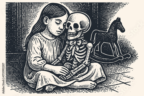 A lonely girl in a vintage dress gently hugs a small skeleton, her imaginary friend. A dark, gothic scene with a toy horse in a retro woodcut illustration.
