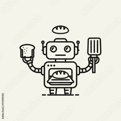 Robot baker holding bread and spatula with bread in oven.