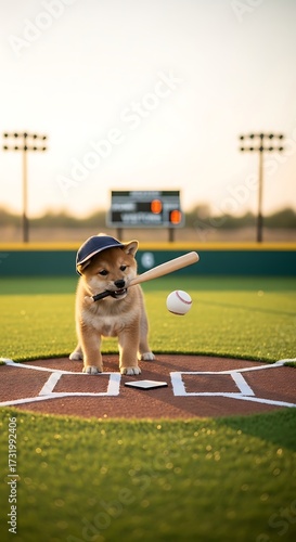 Adorable Shiba Inu Dog Playing Baseball.