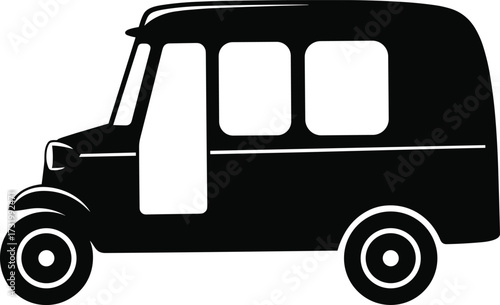Silhouette of a black tuk-tuk auto rickshaw on a white background automobile city