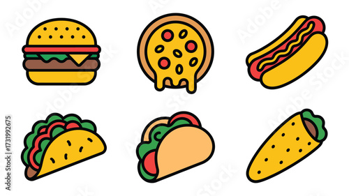 Vector art of collection of fast food, including burger, pizza, hot dog, taco, and burrito for restaurant or delivery service menu