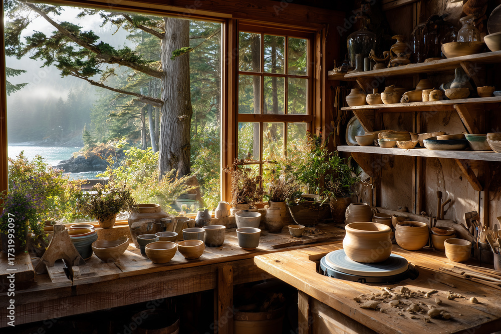 Fototapeta premium Rustic Pottery Studio with Handmade Ceramic Bowls, Vases and Mugs on Wooden Shelves and Workbench by Large Window Overlooking Forest Coastline